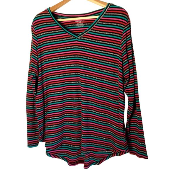 Lane Bryant Tops - Lane Bryant Shirt 14/16 Ribbed Knit V Neck Long Sleeve Black Pink Silver Teal